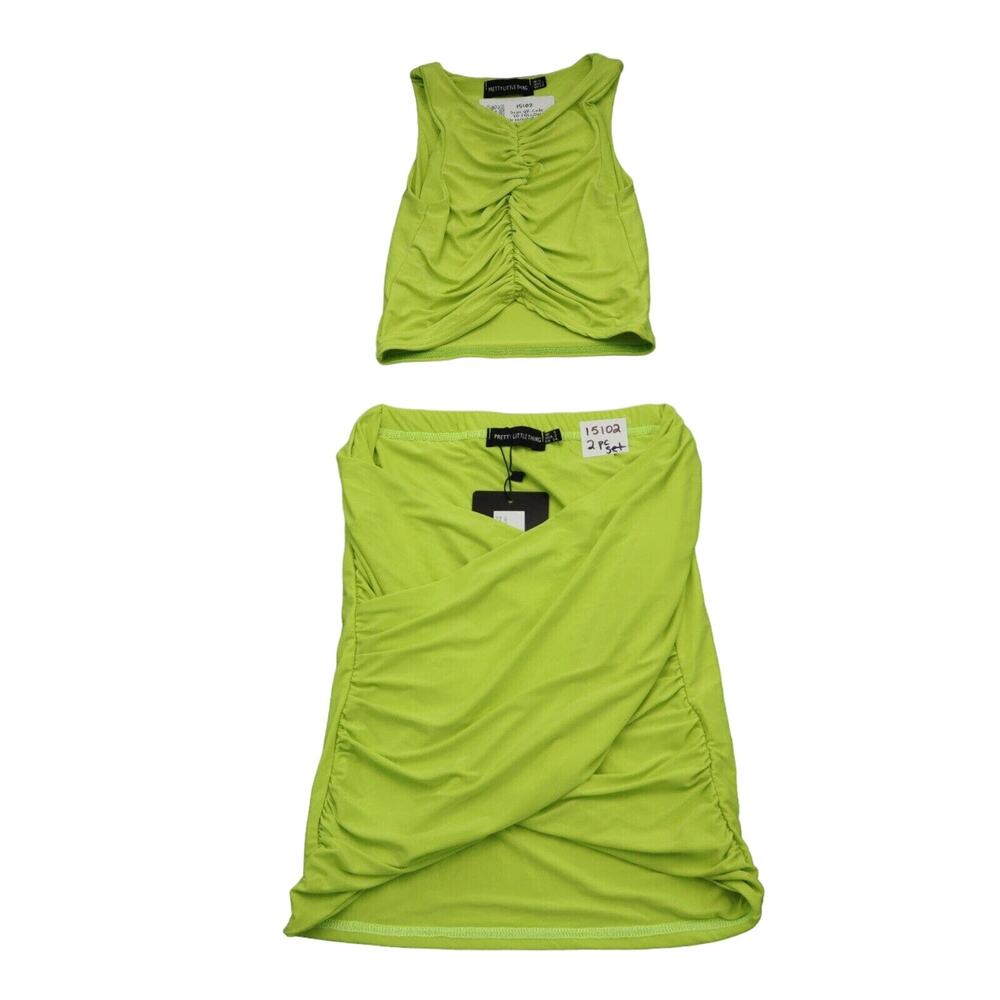 Pretty Little Thing Outfit Set Womens 2 Yellow Green Crop Top Mini Bodycon Skirt